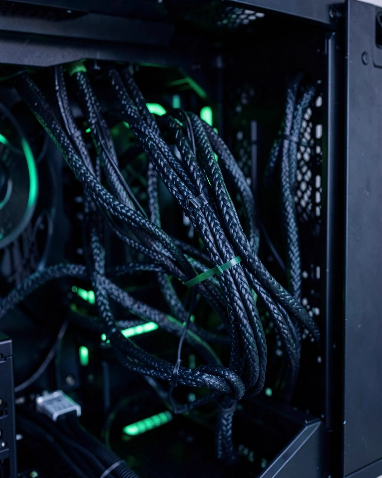 Neatly routed braided cables inside a finished custom PC build