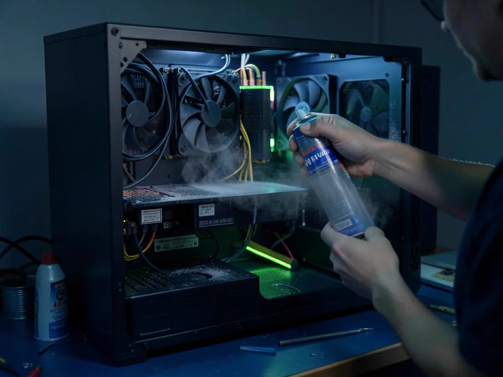 Dust being cleared from the fans of an open desktop computer