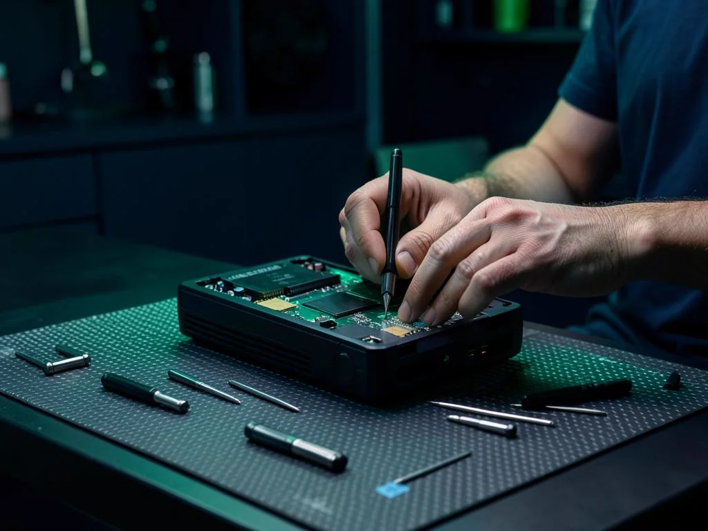 Technician repairing an opened game console on a repair mat