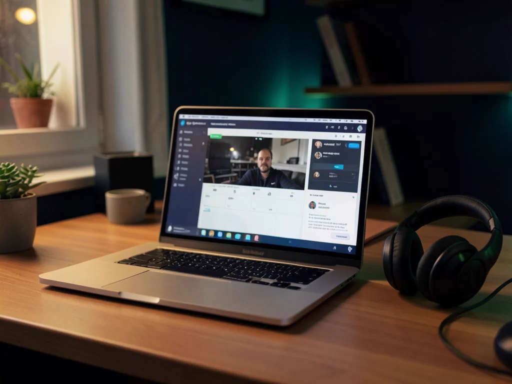 Laptop on a desk during a remote support session with a headset beside it