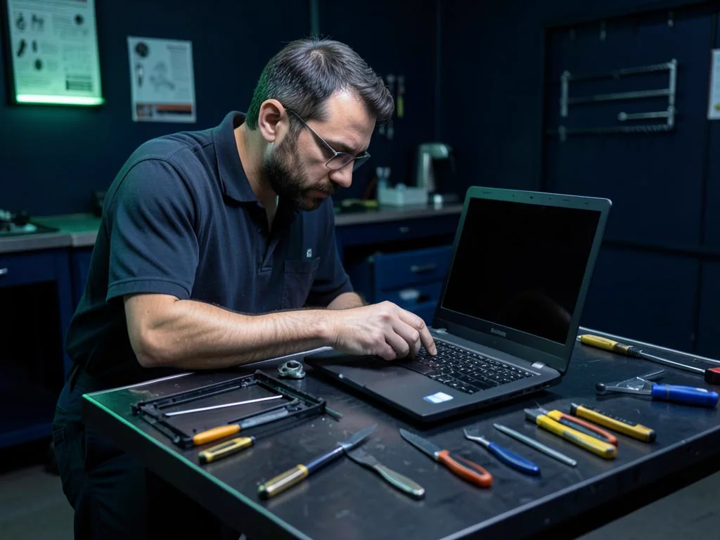 Technician diagnosing an opened laptop on a repair bench