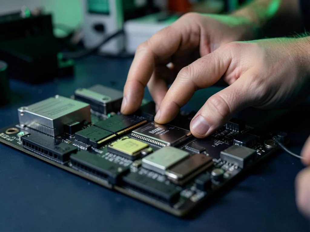 Hands installing memory and a solid state drive onto a motherboard